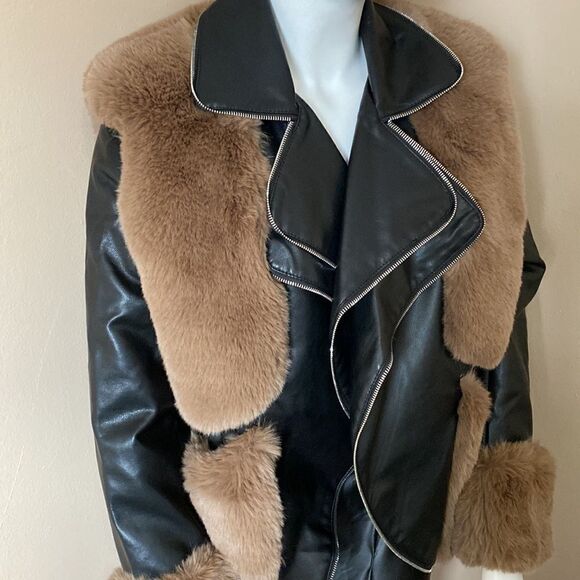 NWT Azalea Wang Faux Fur Leather Moto Jacket -Black & Brown - Size 1X - Picture 11 of 16